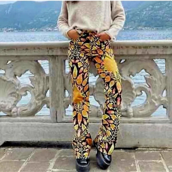 Zara Printed Flared Pants Trousers Groovy Floral 70's Pattern Sz Small - Picture 2 of 16